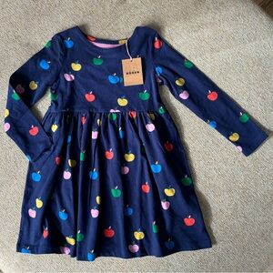 NWT✨ Mini Boden - Long-sleeve Jersey Dress in College Navy Rainbow Apples 5-6Y